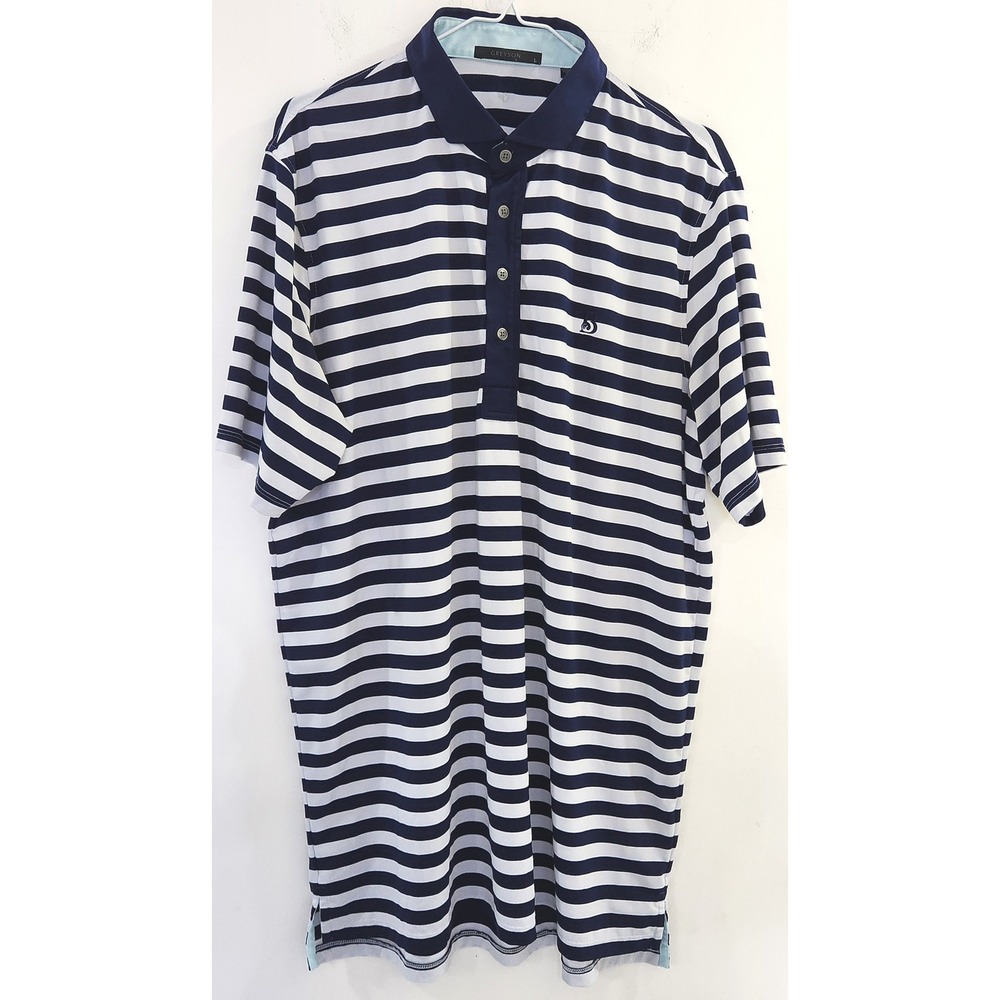 Greyson Clothiers Mens Large Navy White Striped Golf Polo Shirt Wolf Logo L
